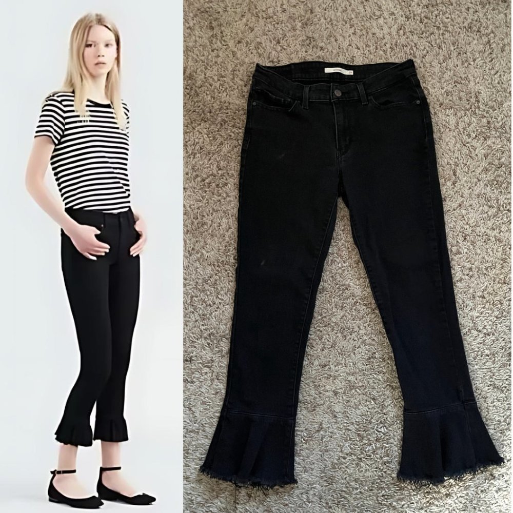 Levi's 711 Black Skinny Ankle Crop Ruffle Flare Hem Jeans sz 29